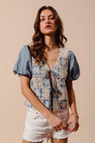Boho Patchwork Puff Sleeve V Neck Blouse