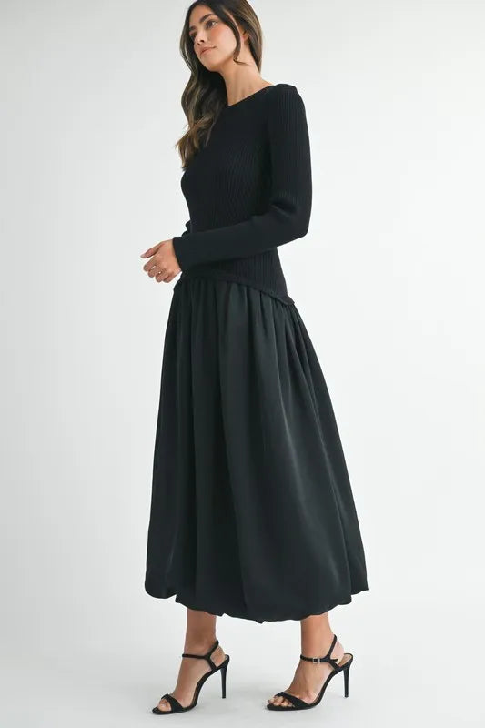 Ribbed Poplin Mix Midi Sweater Dress