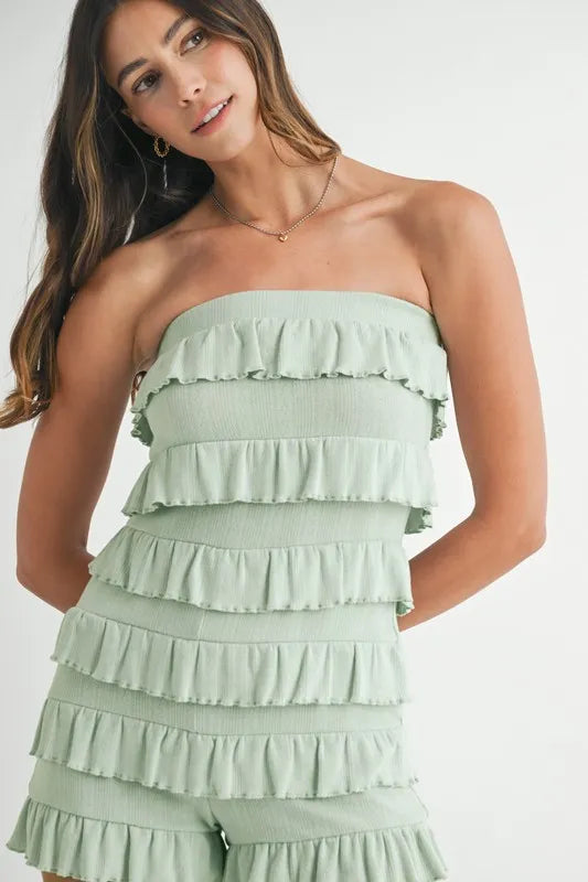 Pointelle Knit Fabric Ruffled Tube Romper