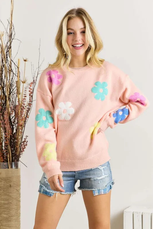 Full Size Flower Popped Sweater