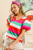 Multi Stripe Color Print Puff Sleeves V Neck Top