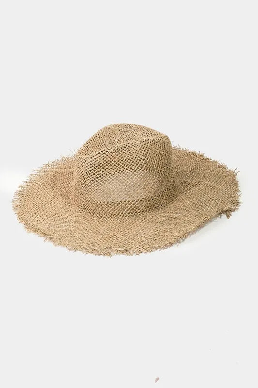 Boho Frayed Straw Sun Hat with Wide Brim