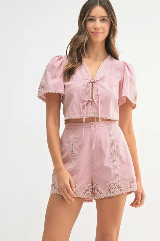 Crochet Lace Detail Crop Top and Shorts Set