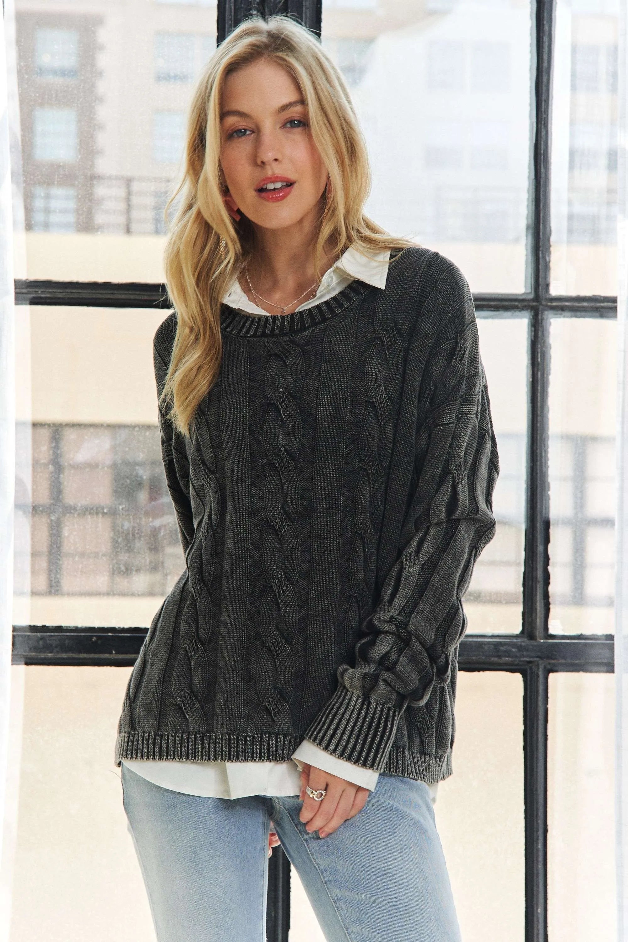Mineral Washed Cable Knit Sweater Top
