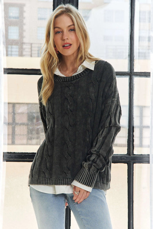 Mineral Washed Cable Knit Sweater Top