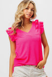 Ruffled Shoulder Sleeveless V-Neck Ribbed Blouse