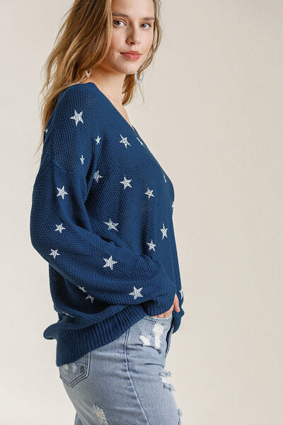 Full Size Star V-Neck Long Sleeve Sweater Plus Size