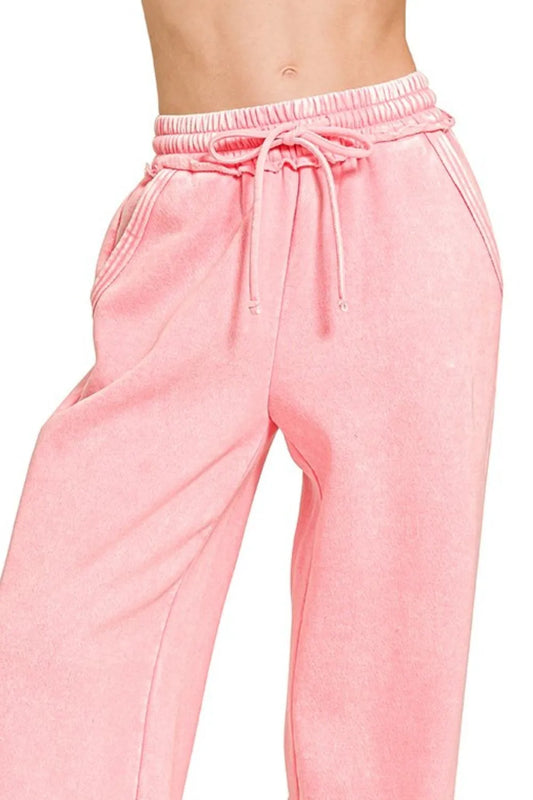 Acid Wash Fleece Palazzo Sweatpants with Pockets
