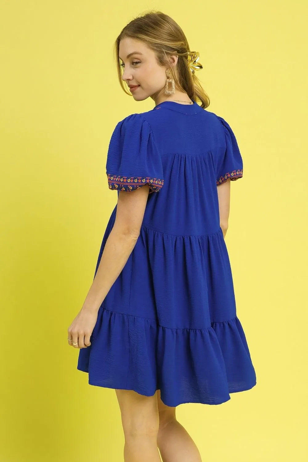 Embroidered Boho Puff Sleeve Ruffle Dress