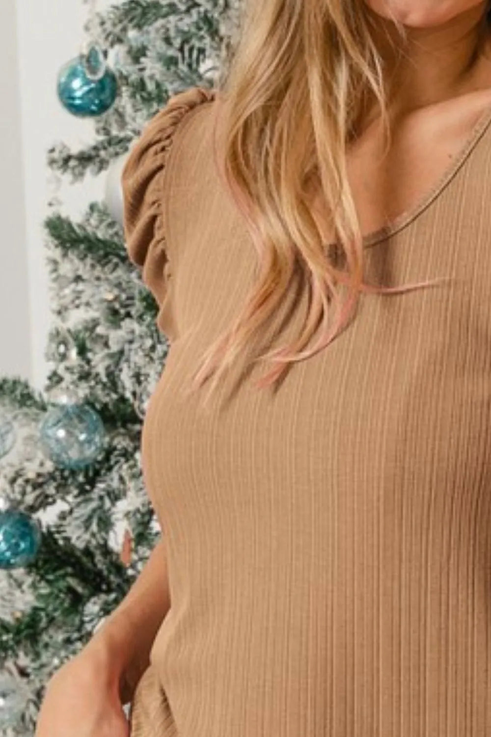 Verigated Rib Knit Puff Sleeves Shorts Top