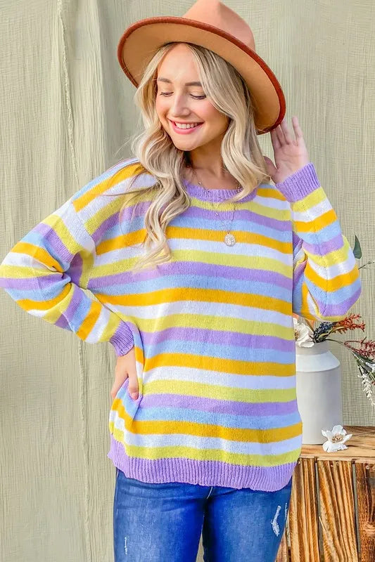 Multi Striped Mesh Pullover Spring Sweater