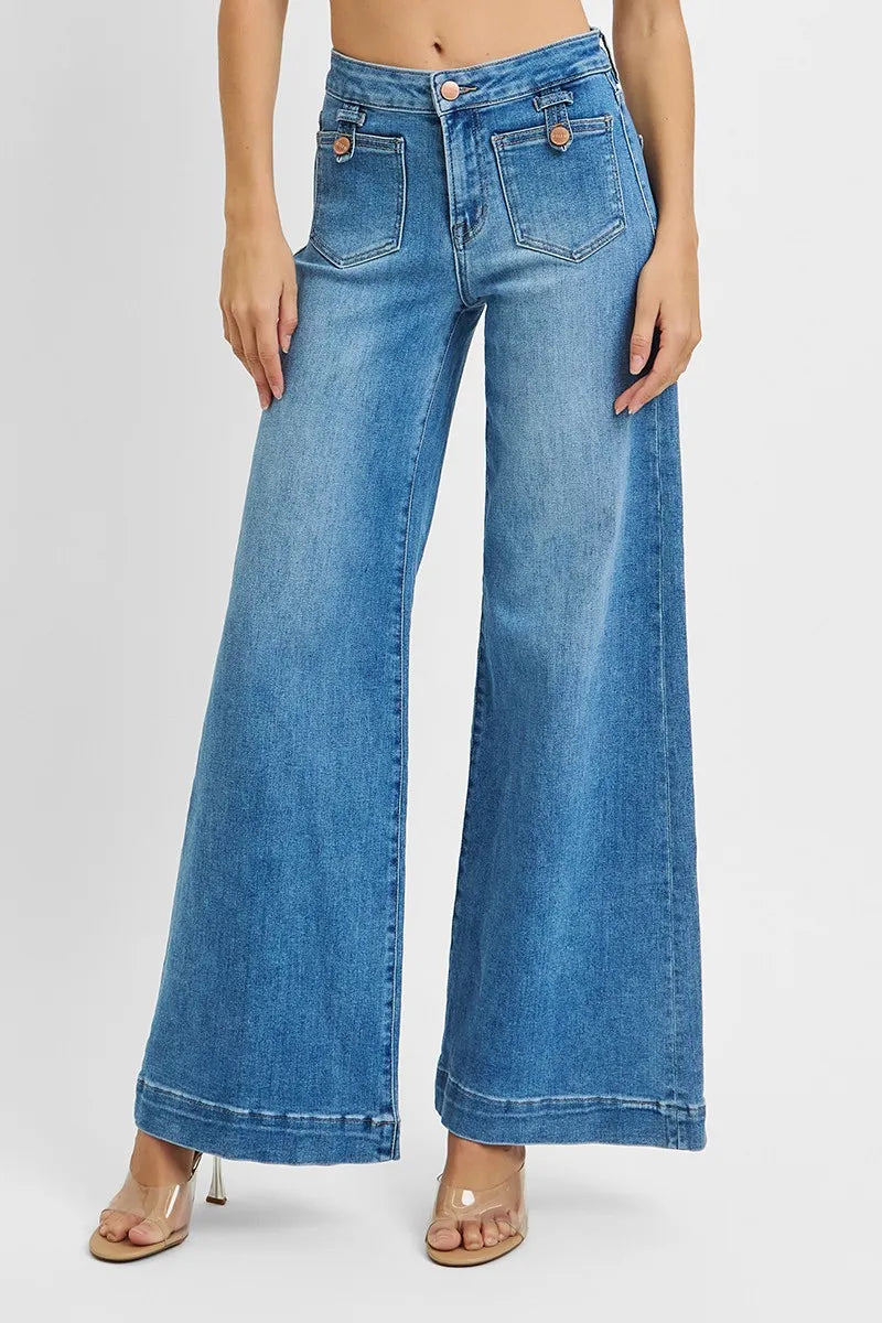 Full Size Mid Rise Wide Leg Front Pocket Denim