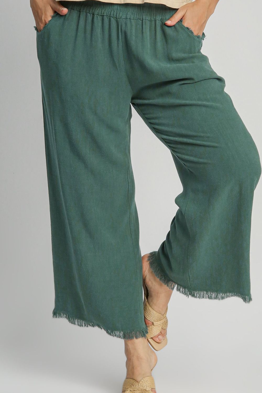 Full Size Linen Blend Elastic Waistband Wide Leg Pants Plus Size