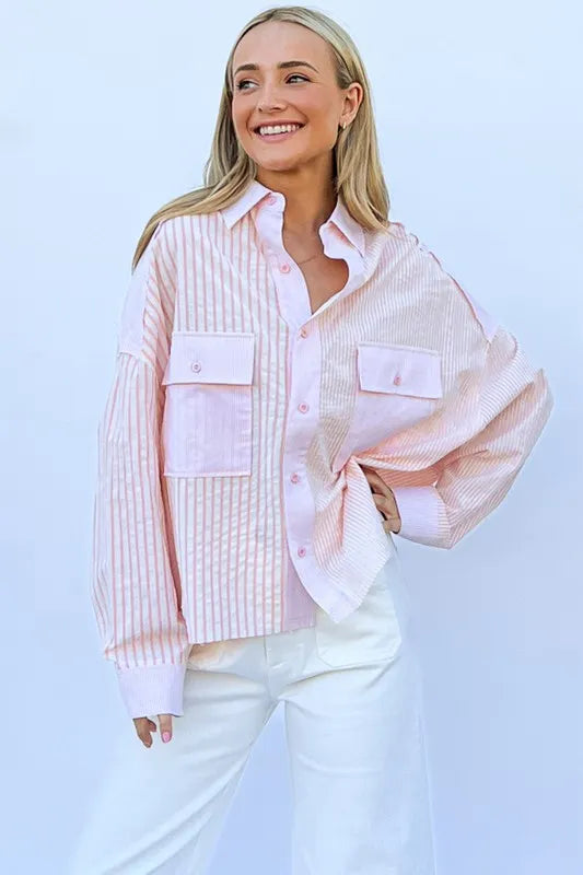 Multi Striped Mix-Match Patched Pocket Shirt