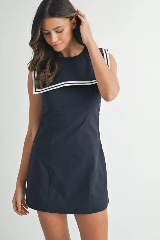 Contrast Piping Square Sailor Collar Mini Dress