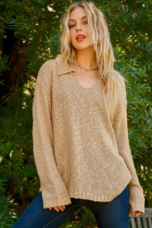 Textured Basic Collar Neck Sweater Pullover