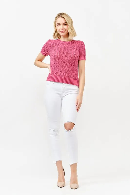 Washed Short Sleeve Light Weight Sweater