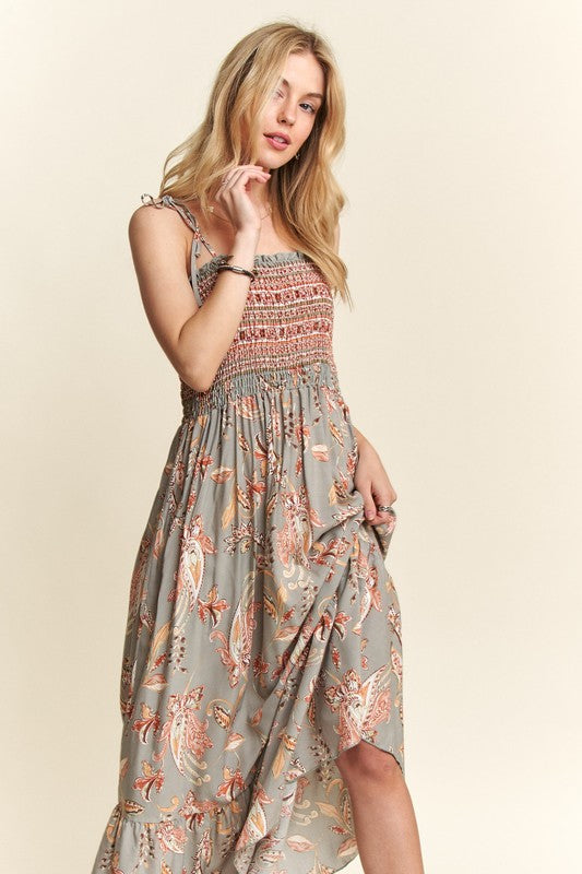 Smocked Printed Square Neck Tie Shoulder Cami Dress