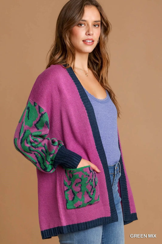 Wild Pattern Open Front Sweater Cardigan