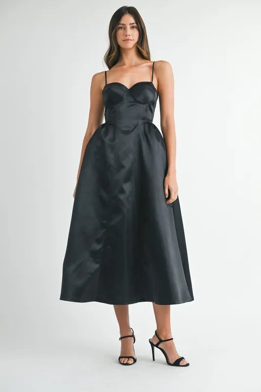 Solid Taffeta Spaghetti Strap Bustier Midi Dress