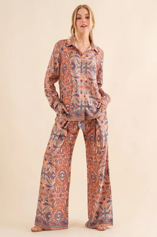 Satin Paisley Pattern Button Down Shirts