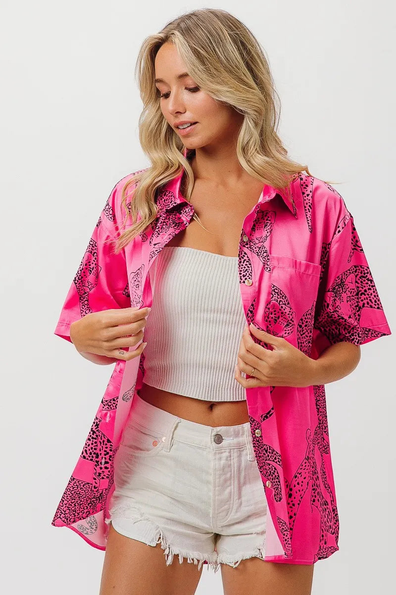Leopard Print Short Sleeve Silky Satin Shirt Top