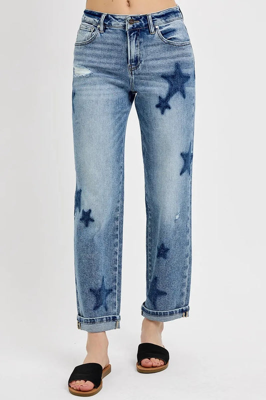 Mid-Rise Boyfriend Jeans with Star Shadow Cuffs