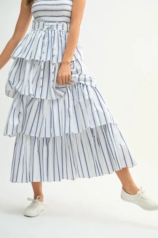 Pin Stripe Smocked Bodice Layered Midi Dress