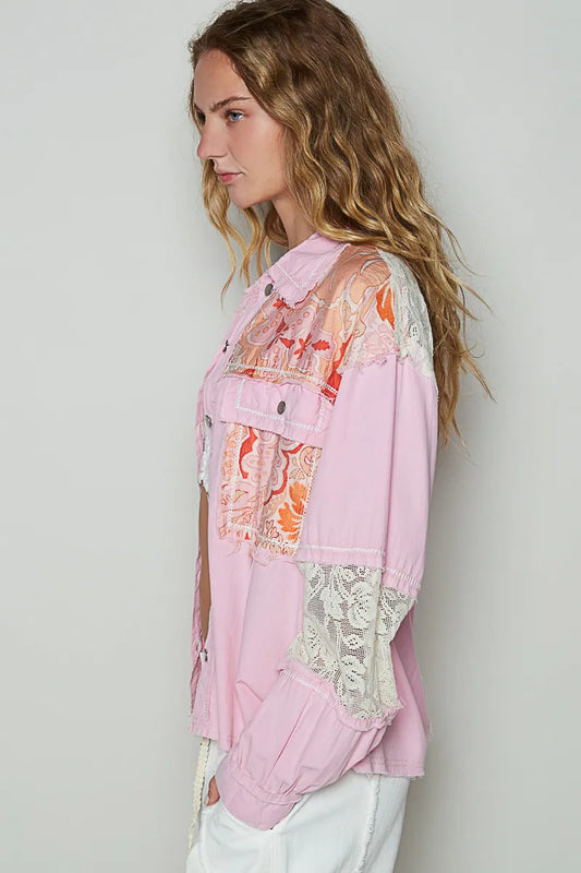 Patchwork Oversized Denim Jacket with Embroidered Flair