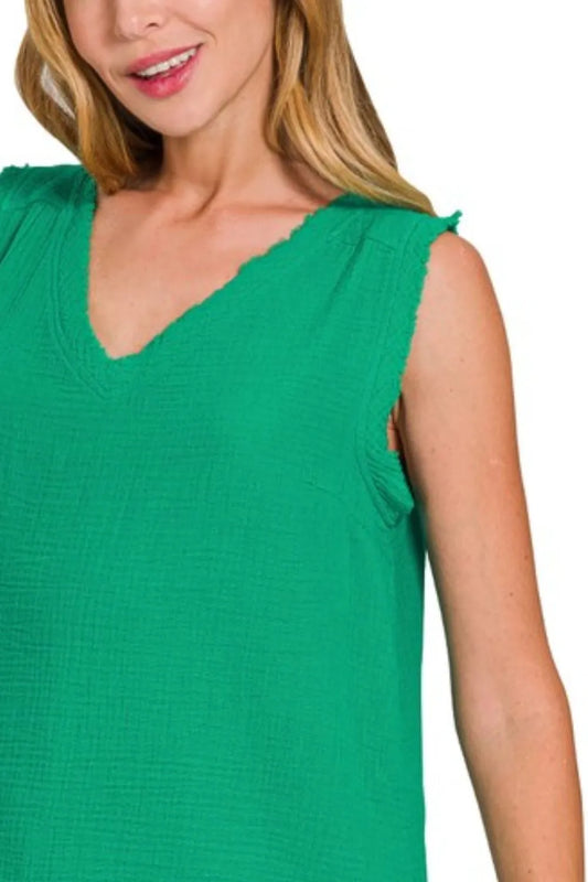 Double Gauze Raw Edge V-Neck Tank