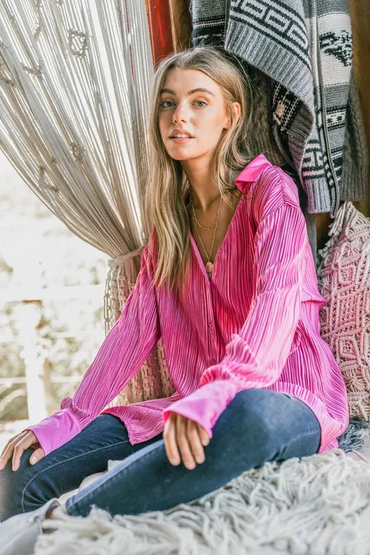 V Neck Pleated Long Sleeves Shirt