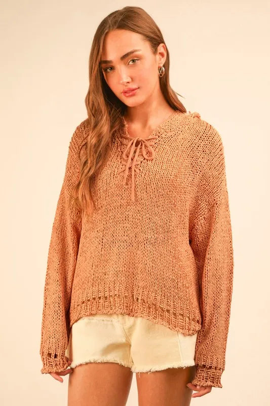 Oversized Openwork Lace Up Hooded Sweater