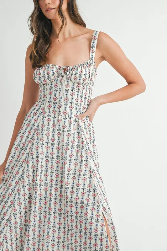 Floral Print Bustier Back Lace Up Midi Dress