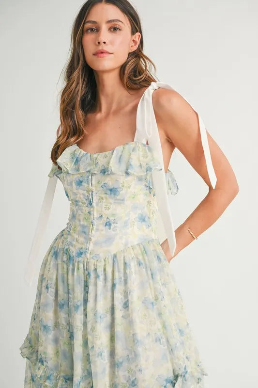 Floral Printed Shoulder Strap Midi Dress