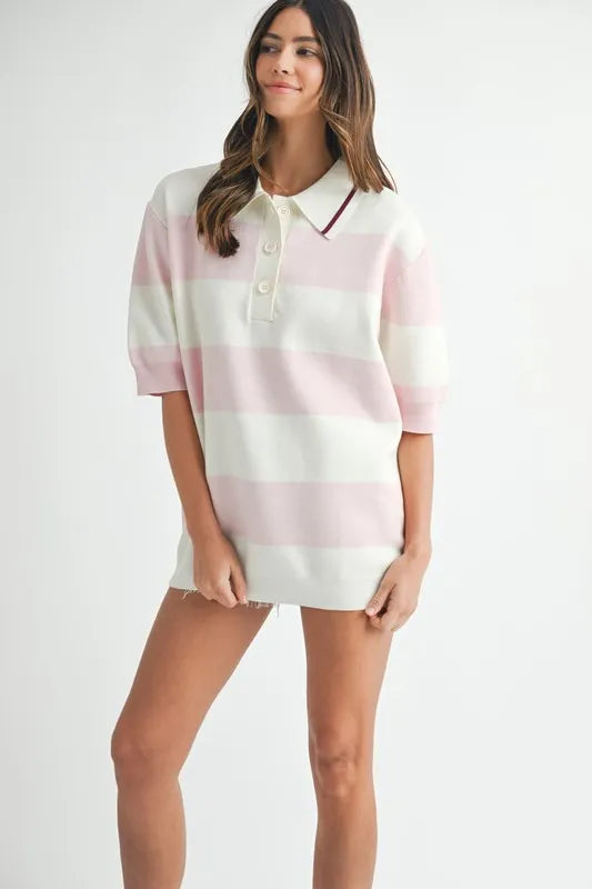 Oversized Stripe Polo Collar Sweater