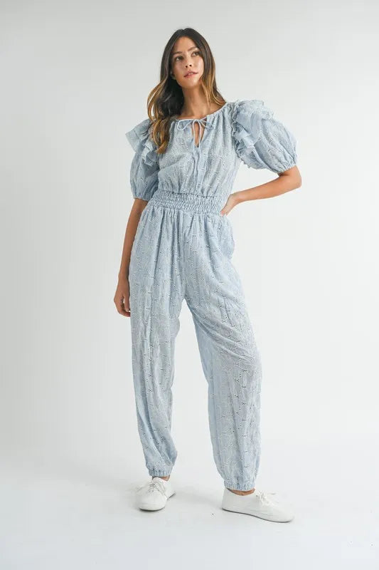 Eyelet Lace Ruffle Shoulder Jumpsuit