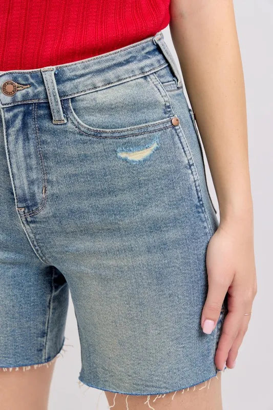 High Waist Vintage Wash Side Slit Denim Shorts