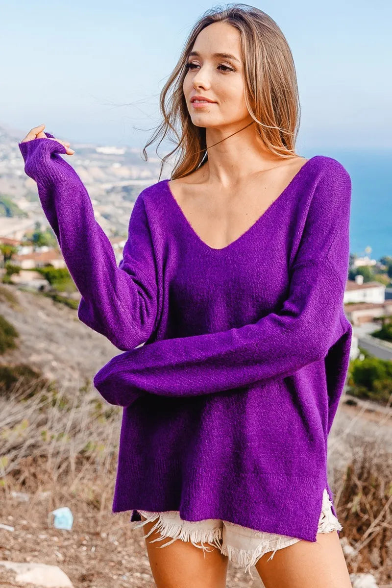 Loose Fit Deep U Neck Sweater Top
