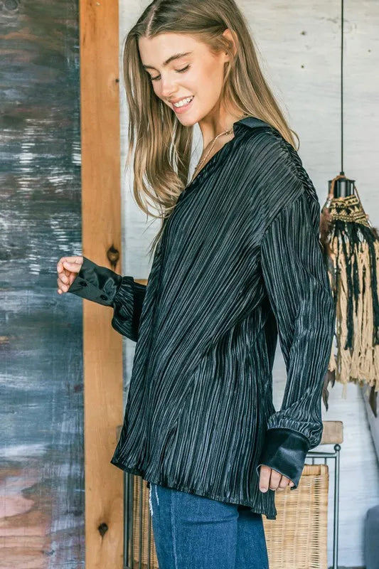 V Neck Pleated Long Sleeves Shirt