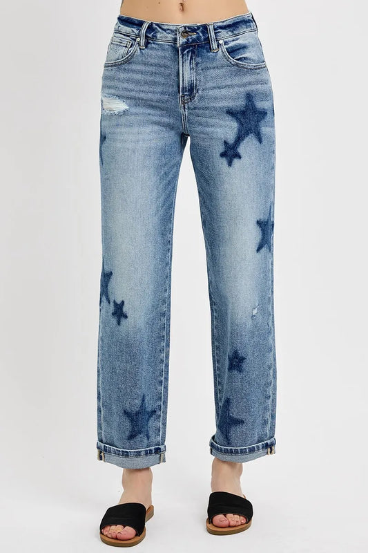 Mid-Rise Boyfriend Jeans with Star Shadow Cuffs