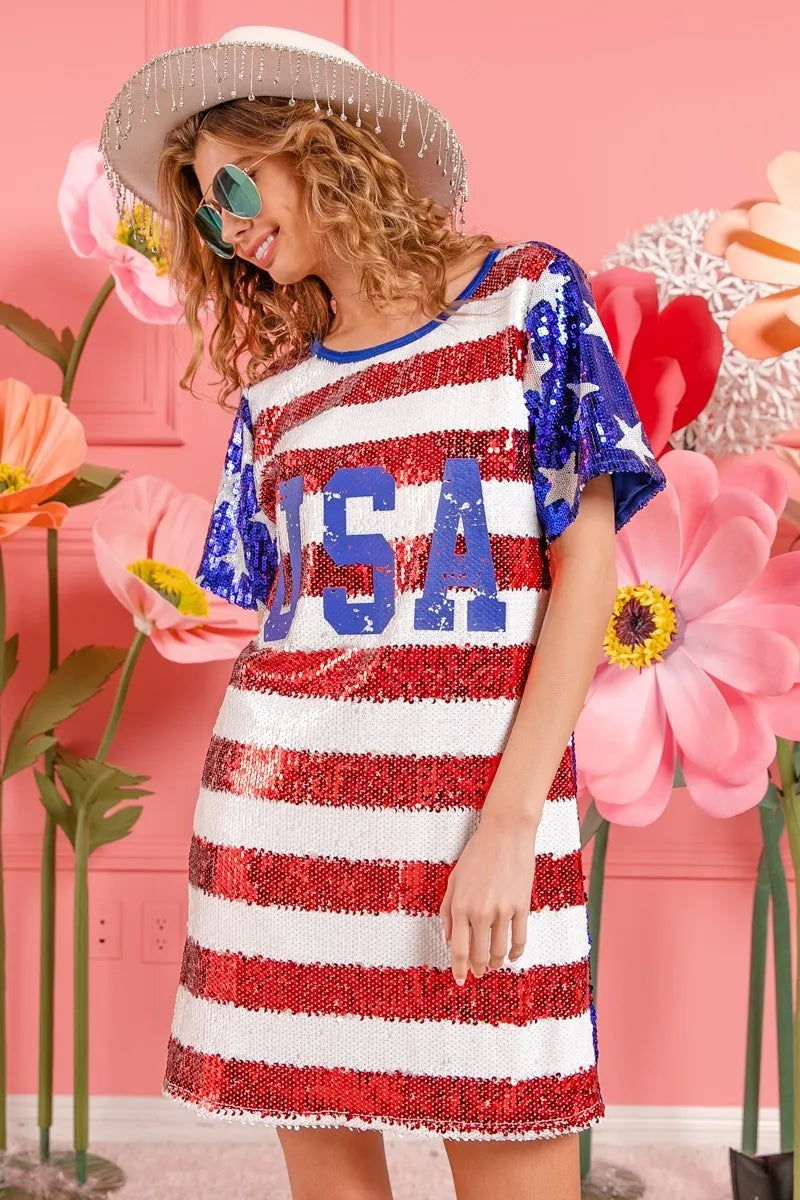 American Flag Theme Usa Print Sequin Dress