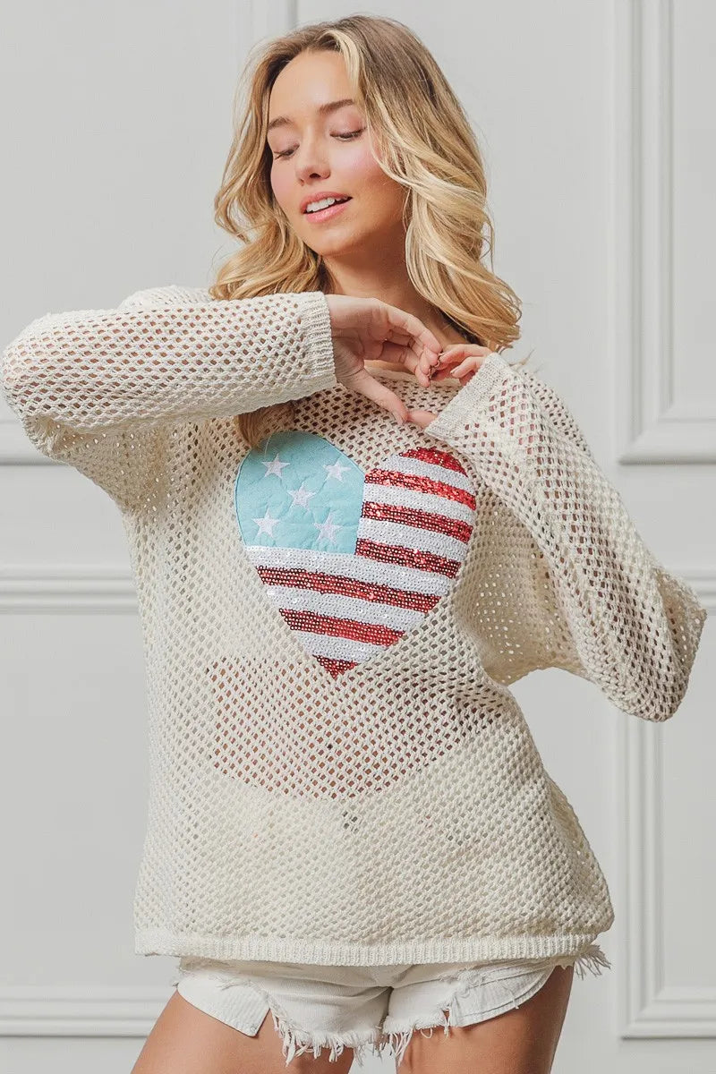 Sequin American Flag Heart Knit Up