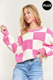 Plus Size Comfy Checkered Colorblock Sweater Top