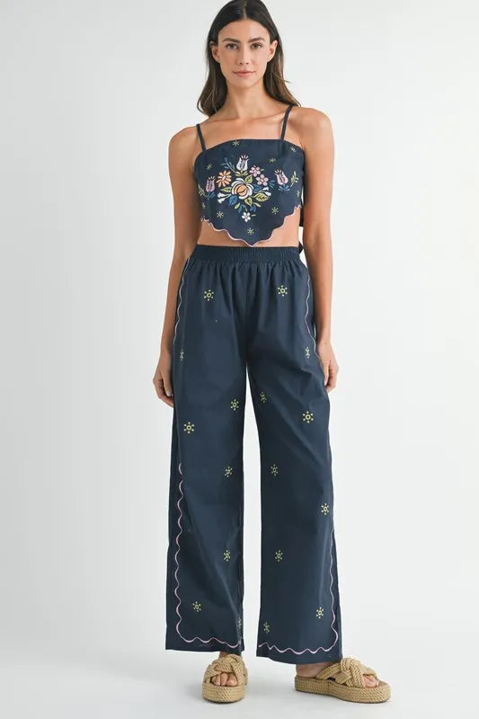 Linen Embroidered Scarf Top and Pants Set