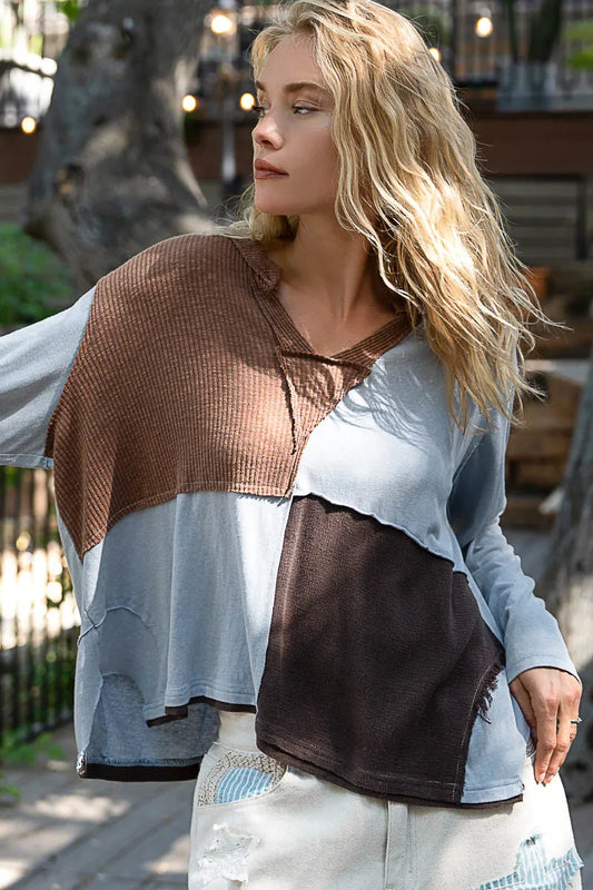 Contemporary Blocked Notched Long Sleeve Tee