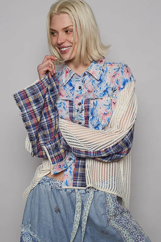 Patchwork Floral Button-Up Blouse with Knit Overlay