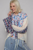 Patchwork Floral Button-Up Blouse with Knit Overlay