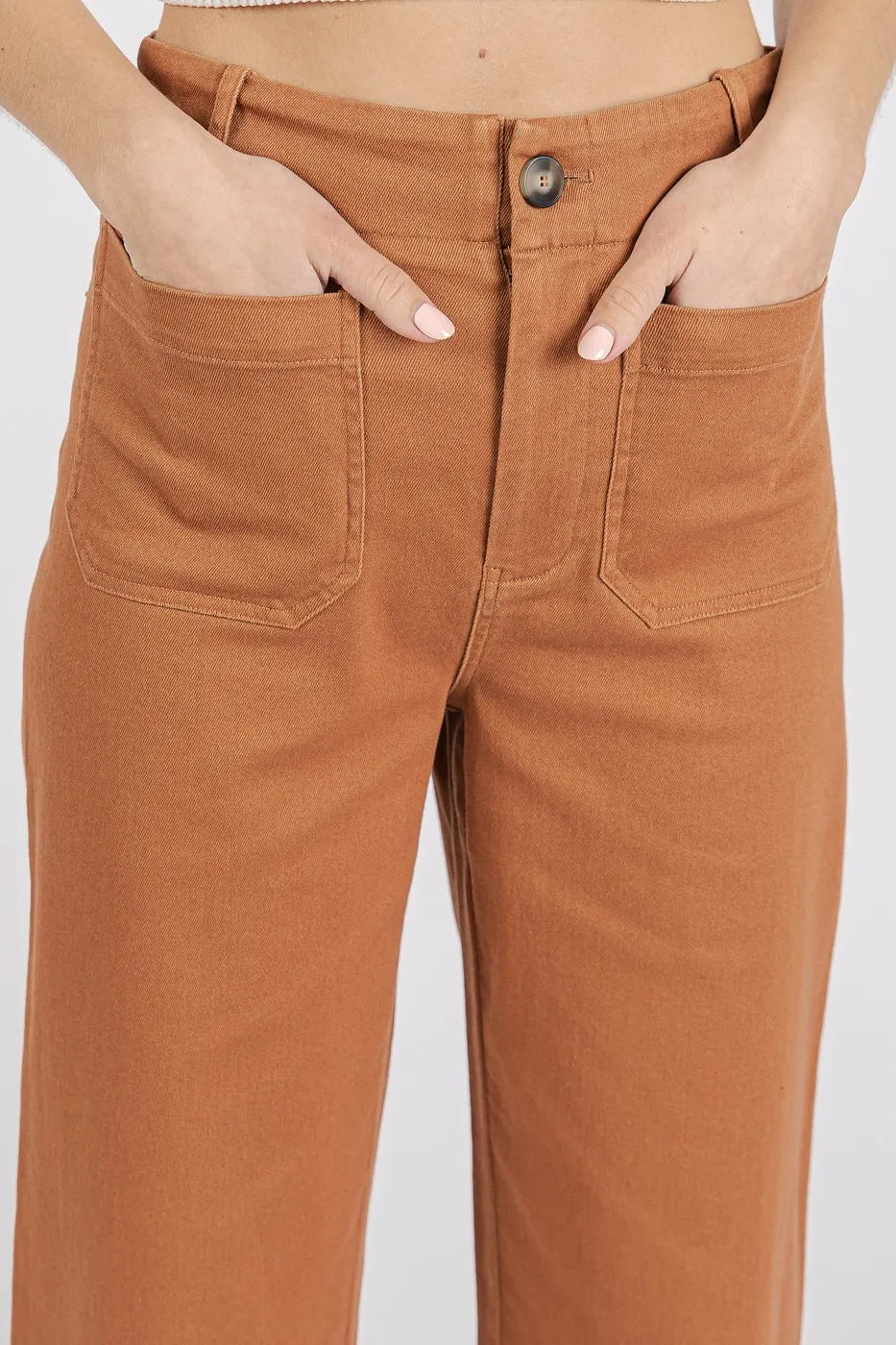Twill Patch Pocket High Rise Wide Leg Pants