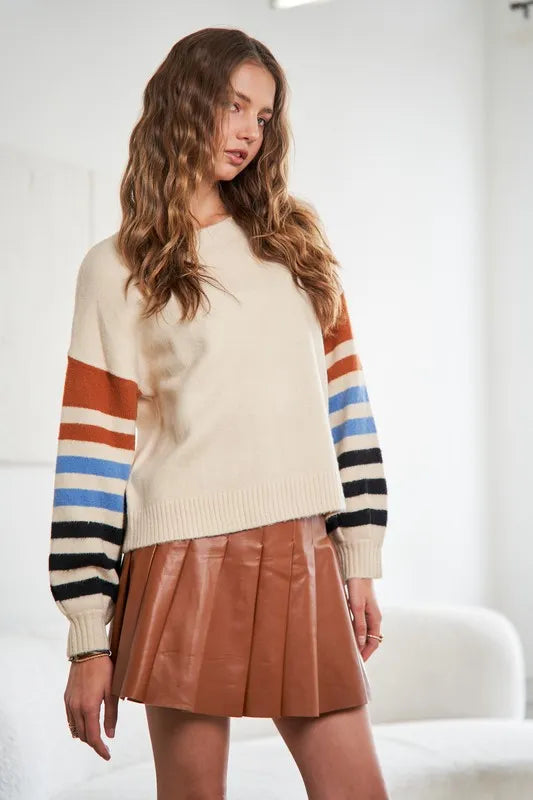 Full Size Stripe Sleeve Cozy Sweater Plus Size