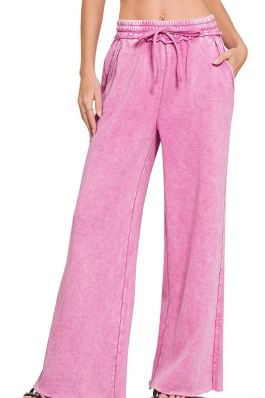 Acid Wash Fleece Palazzo Sweatpants with Pockets